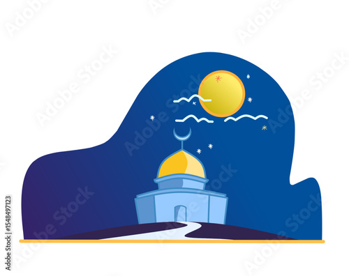 Flat illustration of a mosque Al Aqsa paletine with a golden dome, crescent moon, and stars in the night sky. Islamic architecture concept for Ramadan, Eid, or spiritual celebration themes.
