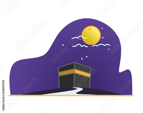 Flat vector illustration of the Kaaba in Mecca, Saudi Arabia, under a bright full moon with stars and clouds in the night sky. Islamic holy site concept for Hajj, Umrah, or Ramadan themes.