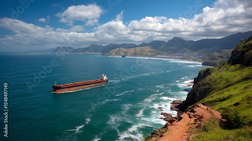 Cargo Ship Sails the Ocean Near Coastal Mountains