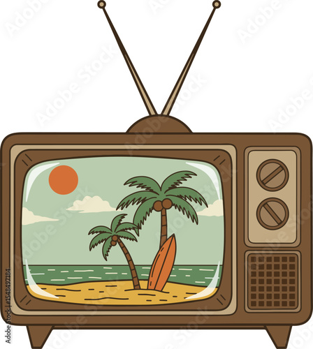 Retro Television with Beach Scene Illustration