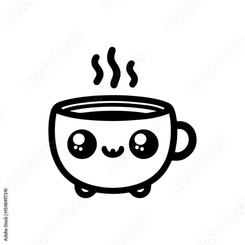A cute, cartoon mug of hot beverage with a happy face, steaming warmly.