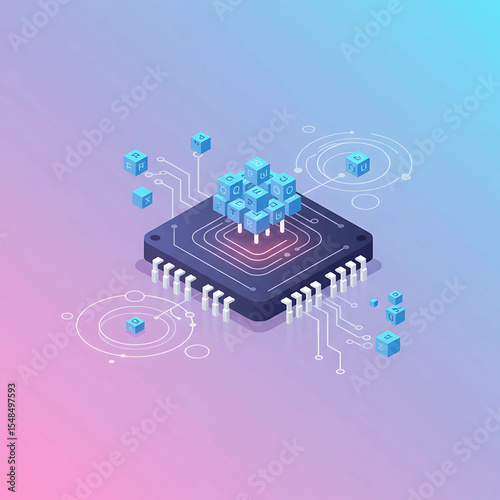 Isometric CPU with Alphabet Cubes: AI and Technology Concept