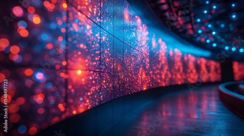 Immersive LED particle shimmer. Curved digital display with bokeh light effects. Perfect for tech environments, event visuals, or futuristic branding.

