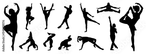 Silhouettes of people dancing choreographies physical exercises gymnastics in editable vector

