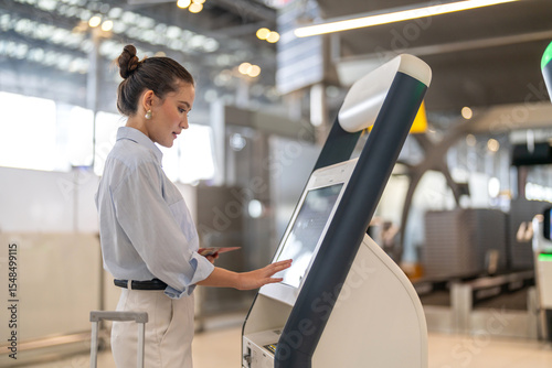 Confident woman traveler passenger with luggage using digital check in at airport kiosk, smart travel concept, modern airline automation, self service boarding, efficient travel technology experience