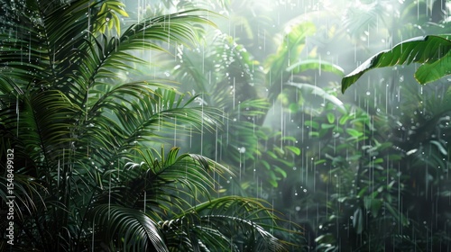 Tropical rainforest scene with rain and sunlight through lush green foliage