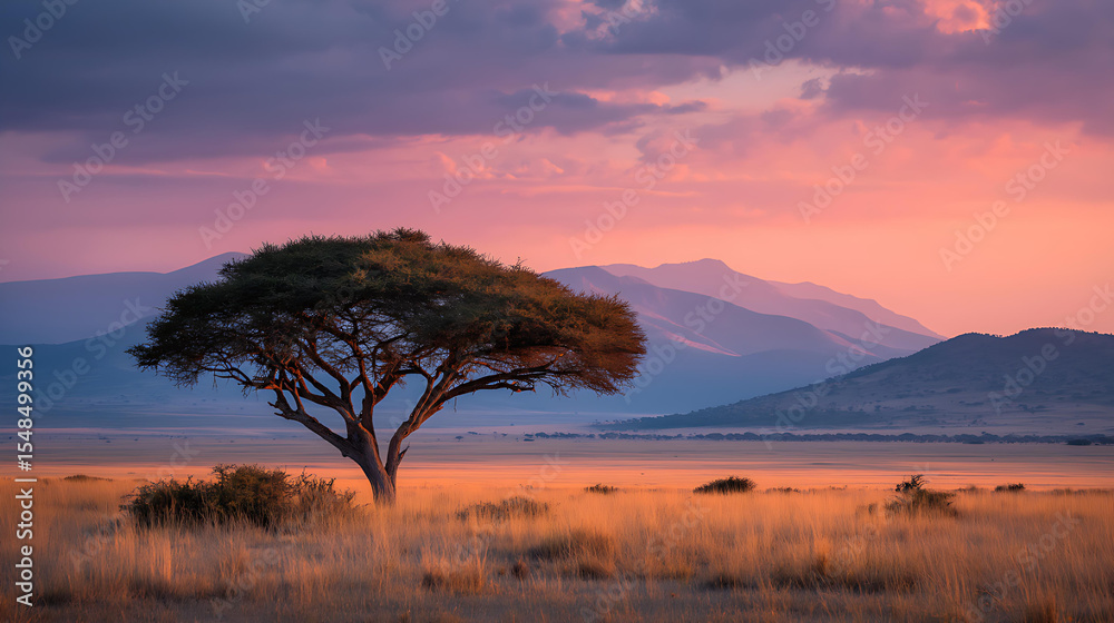 Serene Sunset Over African Savanna: Moody Landscape Photography of Acacia in Orange and Pink Evening Light Serene Sunset Over African Savanna: Moody Landscape Photography of Acacia in Orange and Pink Evening Light
