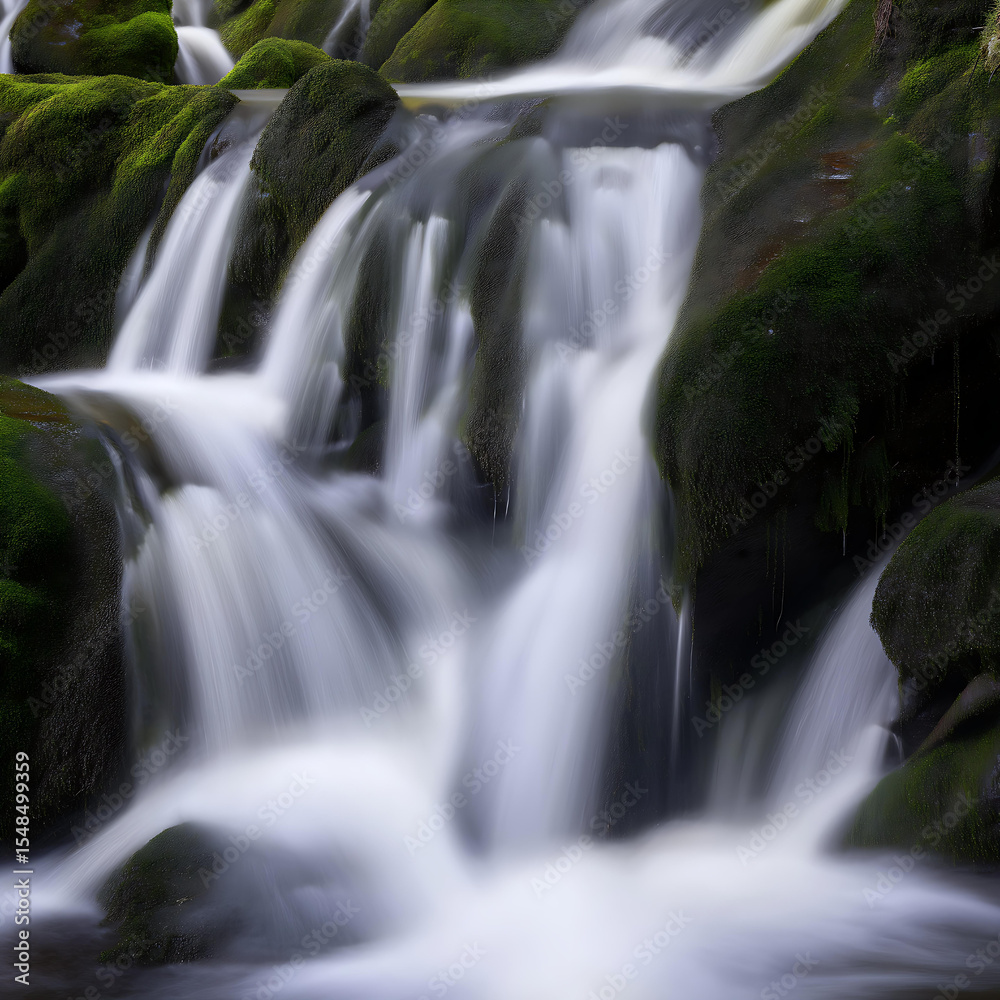 Fototapeta premium Tranquil Forest Waterfall: Discover Nature's Flowing Streams and Green Moss in a Hidden Gem Oasis