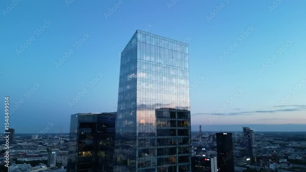 A modern skyscraper overlooking a city during twilight with gentle reflections A modern skyscraper overlooking a city during twilight with gentle reflections