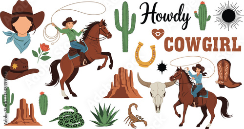 Western vector graphic set featuring cowgirls, horses, cacti, skulls, hats, boots, and "Howdy" & "Cowgirl" typography.