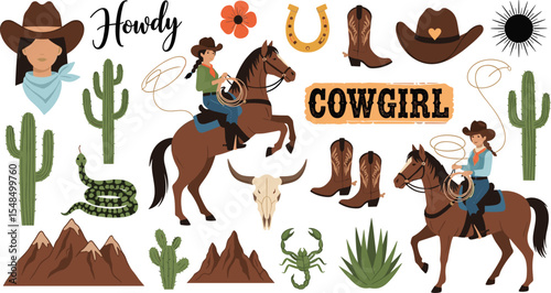 Western vector graphic set featuring cowgirls, horses, cacti, skulls, hats, boots, and "Howdy" & "Cowgirl" typography.