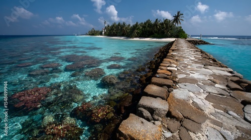 Tropical Island Scene with Pathway Over Clear Turquoise Ocean