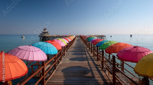 Colorful Umbrellas Line a Wooden Pier on the Ocean