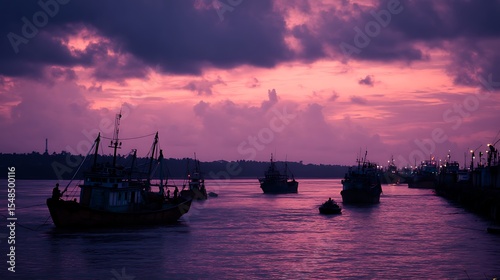 Fishing Boat on River at Sunset