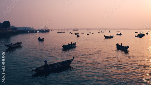 Fishing Boats on Water at Sunrise