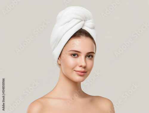 Young woman showcasing natural beauty with a towel wrapped around her hair in a neutral-toned background