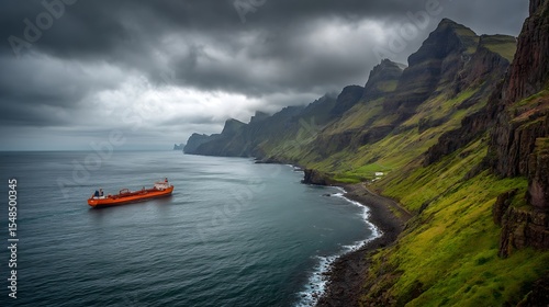 Cargo Ship Near Rocky Coast and Dark Cloudscape
