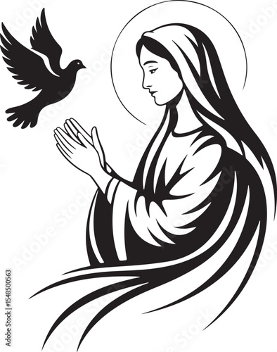 Virgin Mary with Dove A Black and White Religious Illustration