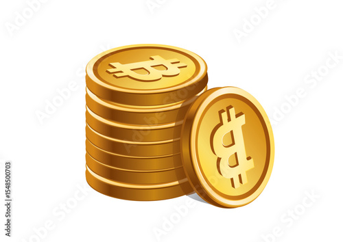 3D illustration of a stack of golden Bitcoin coins with the Bitcoin symbol, representing cryptocurrency accumulation and investment.