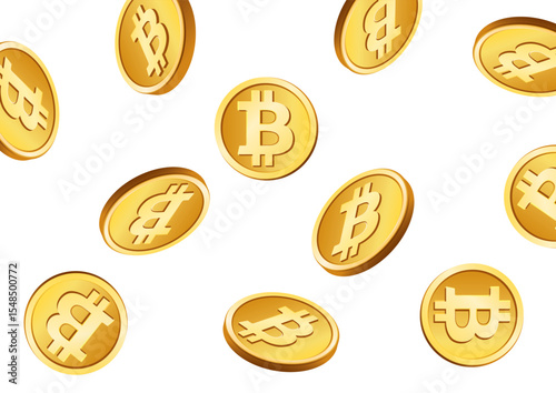 3D illustration of multiple golden Bitcoin coins cascading through the air, symbolizing wealth, investment, and digital currency movement.