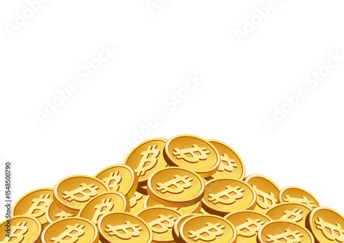 3D illustration of a large pile of golden Bitcoin coins, featuring the Bitcoin symbol, representing wealth accumulation and digital currency investment.