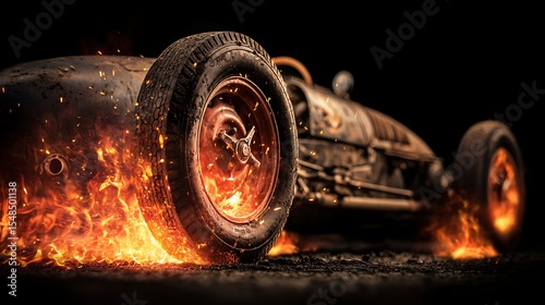 Vintage Race Car Burning with Flames