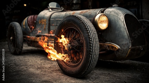 Vintage Race Car with Flames From Wheel