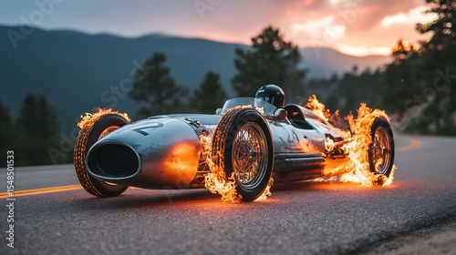 Vintage Race Car Burning on Road