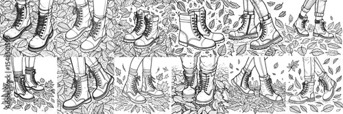 12 black and white outline of boots walking through scattered autumn leaves