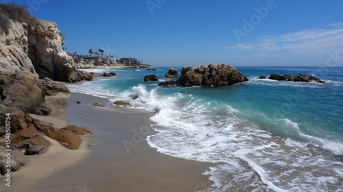 Beach Scene with Wave and Rock Formation