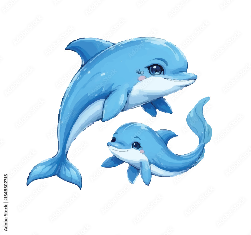 Obraz premium Flat two blue dolphins in a jump. Cute dolphins jumping on a white. An oceanic aquatic animal is a dolphin. Vector flat or cartoon illustration isolated on white. Cute illustration of a marine animal