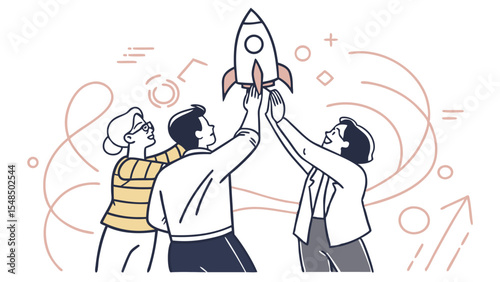 Team Celebrating Success with Rocket Launch Illustration