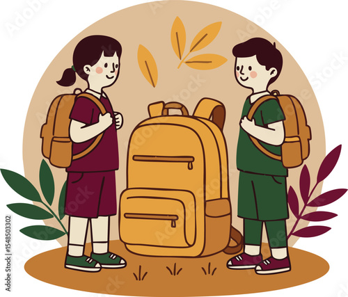 Children with backpacks standing near large bag surrounded by autumn leaves vector illustration