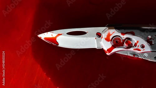 Knife in a blood and camera flashes.Forensic investigation. Recording evidence and weapons at the crime scene. 4k footage