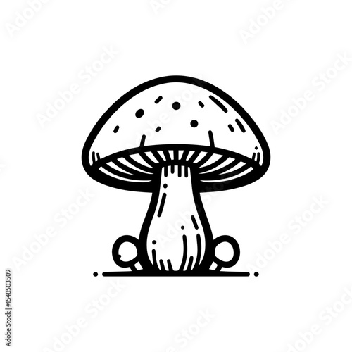 Simple black and white illustration of a detailed mushroom, isolated on white background.