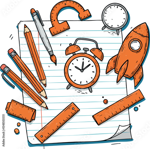 School Supplies with Clock and Rocket Illustration for Education and Creativity Vector Design