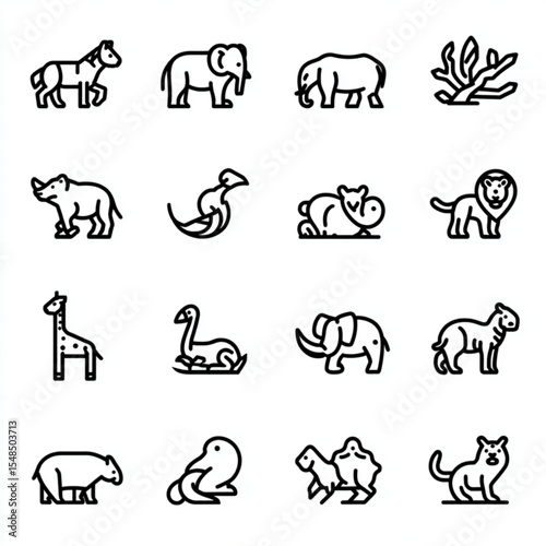 Simple black and white line art of Zoo Animal icons