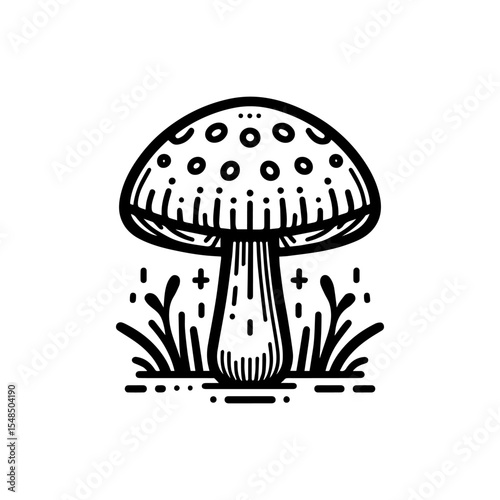 Stylized line art drawing of a mushroom sprouting from grass.