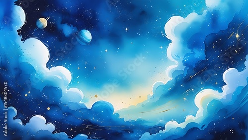 a smooth blue watercolor space background dominates the scene, with gentle, feathery brushstrokes and subtle texture evoking a sense of ethereal depth.