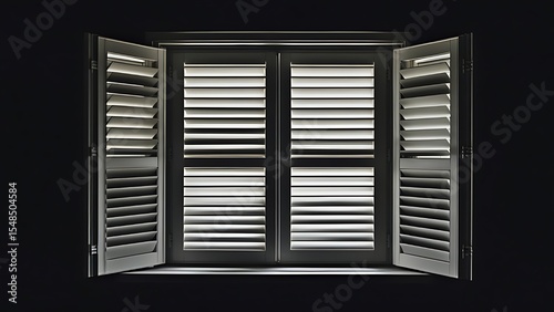 moody photograph featuring a window with closed shutters. The window is divided into four rectangular sections,each with horizontal slats that are slightly open,allowing a faint light to seep through.