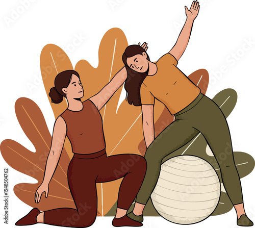 Two Women Practicing Yoga with Fitness Ball in Autumn Colors Vector Illustration
