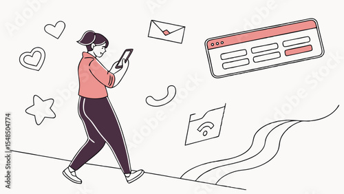 Woman Walking and Using Smartphone with Digital Communication Icons