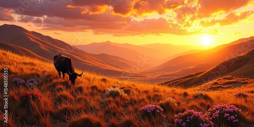 Majestic Highland Cow Grazing in Vibrant Wildflower Meadow at Sunset in Mountain Landscape | Serene Nature Background