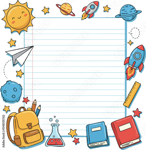 Space and school supplies border frame with sun rocket planets and books vector illustration