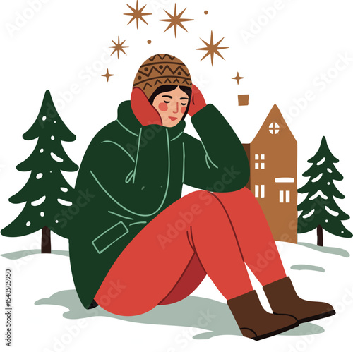 Person wearing winter clothes sitting outdoors with pine trees and house vector illustration