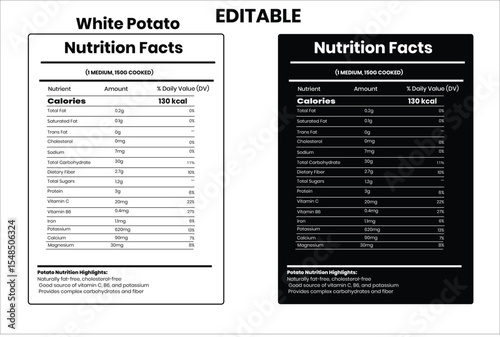 White Potato nutrition facts, nutrition facts, nutrition, nutrition label, calories in food, nutrition info, supplement facts, vector template