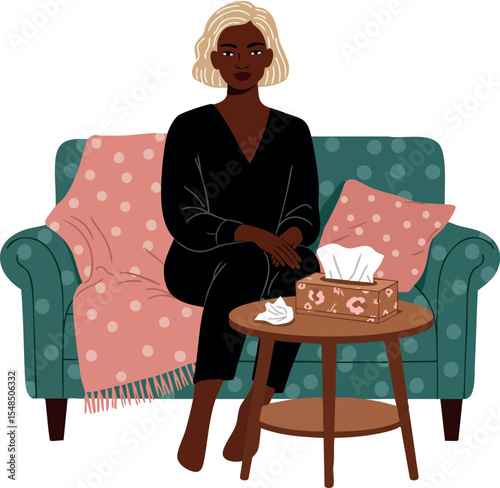 Woman sitting on polka dot couch with tissues and pink blanket in living room vector illustration