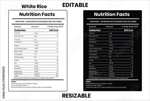 White Rice nutrition facts, nutrition facts, food label, calorie chart, protein infographic, healthy eating, vitamin chart, editable template, diet plan, meal prep nutrition, food packaging label