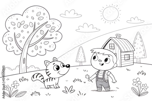 Cartoon illustration of a cheerful boy interacting with a playful striped cat in a whimsical outdoor setting with trees, flowers, and a cozy house under a bright sun