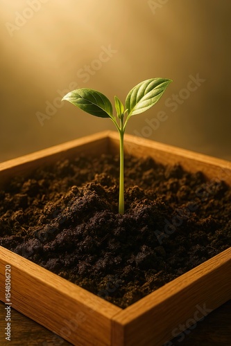 New Life Sprouting A Seedling Emerging from Soil in Wooden Box